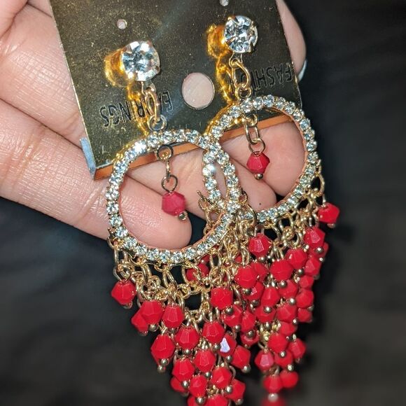 Red unique beaded earrings clear stones - Picture 3 of 5